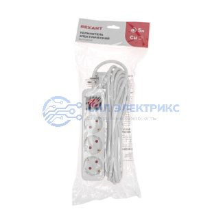 фото Удлинитель STANDARD 3 гнезда, 5м, 3х1,0мм², с/з, с выключателем, белый REXANT