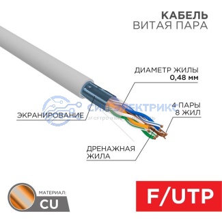 фото Кабель витая пара, F/UTP, CAT 5е, PVC, 4PR, 24AWG, INDOOR, SOLID, серый, 305м PROconnect