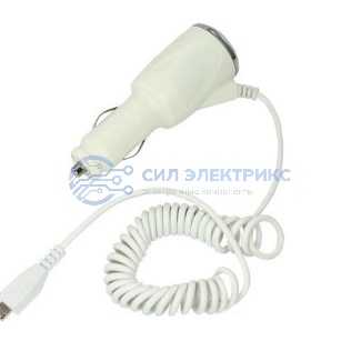 фото Автозарядка в прикуриватель microUSB (АЗУ) шнур спираль белая блистер