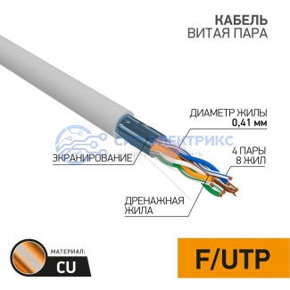 фото Кабель витая пара F/UTP Light, CAT 5, PVC, 4PR, 26AWG, INDOOR, SOLID, серый, 305м, PROconnect