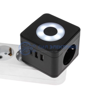 фото Двойник электрический Куб 16А с заземлением + 2хUSB-A 2,4А + USB Type-C 3А с ночной подсветкой, черный REXANT