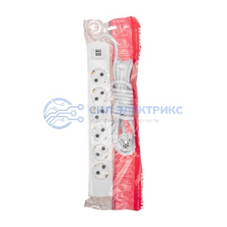 фото Удлинитель PREMIUM 6 гнезд, 5м, 3х1,5мм², с/з, 2 USB, белый REXANT