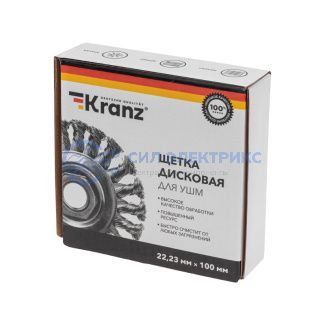 фото Щетка дисковая для УШМ, крученая стальная проволока, 100мм, отв. 22,23мм KRANZ