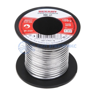 фото Припой без канифоли ПОС-61, 100г, Ø2мм, (олово 61%, свинец 39%), катушка REXANT