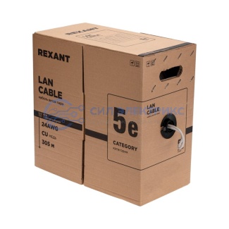 Кабель витая пара U/UTP, CAT 5e, PE, 4PR, 24AWG, OUTDOOR, SOLID, черный, 305м, РФ REXANT фото Кабель витая пара U/UTP, CAT 5e, PE, 4PR, 24AWG, OUTDOOR, SOLID, черный, 305м, РФ REXANT