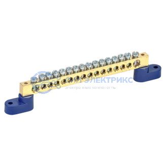 фото Шина «N» нулевая 8х12 мм на двух угловых синих изоляторах 16 групп REXANT