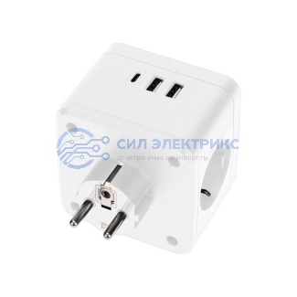 фото Двойник электрический Куб 16А с заземлением + 2хUSB-A 2,4А + USB Type-C 3А с ночной подсветкой, белый REXANT