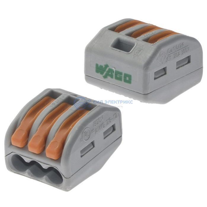 Клемма WAGO 222-413, 3 контакта, диапазон сечения 0.14–4 мм², сечение проводов 1.5–2.5 мм² фото Клемма WAGO 222-413, 3 контакта, диапазон сечения 0.14–4 мм², сечение проводов 1.5–2.5 мм²