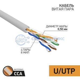 Кабель витая пара омедненный, U/UTP, CAT 5e, PVC, 4PR, 24AWG, INDOOR, SOLID, серый, 100м, PROconnect фото Кабель витая пара омедненный, U/UTP, CAT 5e, PVC, 4PR, 24AWG, INDOOR, SOLID, серый, 100м, PROconnect
