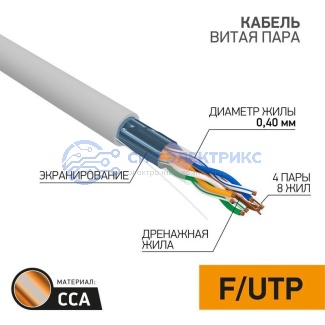 фото Кабель витая пара омедненный F/UTP Light, CAT 5, PVC, 4PR, 26AWG, INDOOR, SOLID, серый, 305м, PROconnect