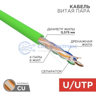 фото Кабель витая пара U/UTP, CAT 6, нг(А)-HFLTx, 4х2х0,575мм, 23AWG, INDOOR, SOLID, зеленый, 305м REXANT