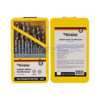 Набор сверл по металлу, 1-13мм (через 0,5мм), HSS, цилиндрический хвостовик, металлический кейс, 25 шт. KRANZ фото Набор сверл по металлу, 1-13мм (через 0,5мм), HSS, цилиндрический хвостовик, металлический кейс, 25 шт. KRANZ