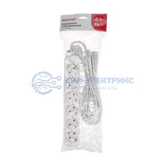 фото Удлинитель STANDARD 6 гнезд, 5м, 3х1,0мм², с/з, белый REXANT