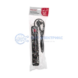 фото Удлинитель STANDARD 5 гнезд, 1,5м, 3х1,0мм², с/з, с выключателем, черный REXANT