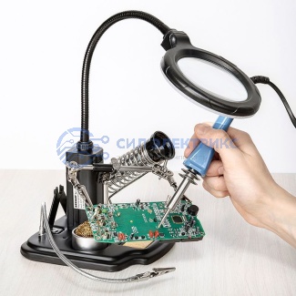фото Держатель «Третья рука» REXANT, «МАСТЕР», 3 зажима, лупа 90 мм, подставка паяльника, стенд припоя, LED подсветка
