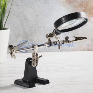 фото Держатель «Третья рука» REXANT, 2 зажима, чугун, лупа (2.5х) 60 мм