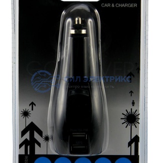 фото Универсальное ЗУ-трансформер авто+сетевое 2 USB цвет черный (2х1000 mA)c индикатором, блистер