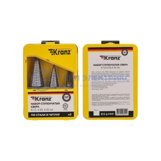 Набор ступенчатых сверл, 4-12,4-20,4-32мм, HSS-TiN, ТИТАН, 3 шт. KRANZ фото Набор ступенчатых сверл, 4-12,4-20,4-32мм, HSS-TiN, ТИТАН, 3 шт. KRANZ