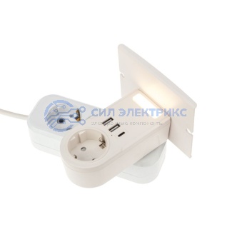 фото Адаптер USB (2хUSB-A + USB-С) + розетка 220-250В с подсветкой и подставкой для телефона REXANT