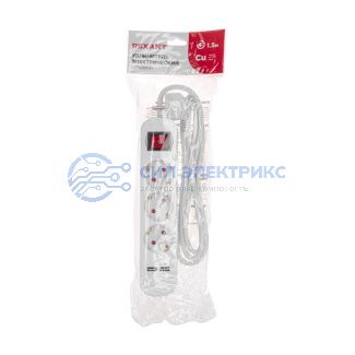 фото Удлинитель STANDARD 3 гнезда, 1,5м, 3х1,0мм², с/з, с выключателем, 2 USB, белый REXANT