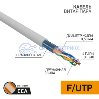 Кабель витая пара омедненный, F/UTP, CAT 5e, PVC, 4PR, 24AWG, INDOOR, SOLID, серый, 50м, PROconnect фото Кабель витая пара омедненный, F/UTP, CAT 5e, PVC, 4PR, 24AWG, INDOOR, SOLID, серый, 50м, PROconnect