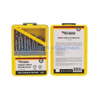Набор сверл по металлу, 1-10мм (через 0,5мм, 3,2мм, 4,8мм), HSS, цилиндрический хвостовик, металлический кейс, 21 шт. KRANZ фото Набор сверл по металлу, 1-10мм (через 0,5мм, 3,2мм, 4,8мм), HSS, цилиндрический хвостовик, металлический кейс, 21 шт. KRANZ