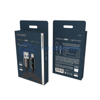 фото Кабель USB-A – Lightning для Apple, 2,4А, 1м, в черной нейлоновой оплетке, c LED дисплеем REXANT