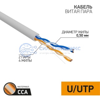 фото Кабель витая пара омедненный U/UTP, CAT 5e, PVC, 2PR, 24AWG, INDOOR, SOLID, серый, 305м PROconnect