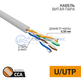 Кабель витая пара омедненный, U/UTP, CAT 5e, PVC, 4PR, 24AWG, INDOOR, SOLID, серый, 50м, PROconnect фото Кабель витая пара омедненный, U/UTP, CAT 5e, PVC, 4PR, 24AWG, INDOOR, SOLID, серый, 50м, PROconnect
