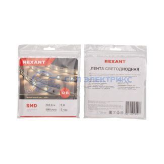 фото Лента светодиодная 12В, SMD2835, 9,6Вт/м, 60 LED/м, 3000K, 8мм, 5м, IP20 REXANT