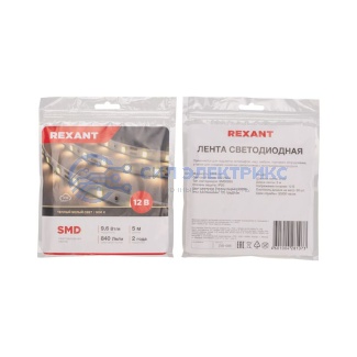фото Лента светодиодная 12В, SMD2835, 9,6Вт/м, 60 LED/м, 3000K, 8мм, 5м, IP20 REXANT